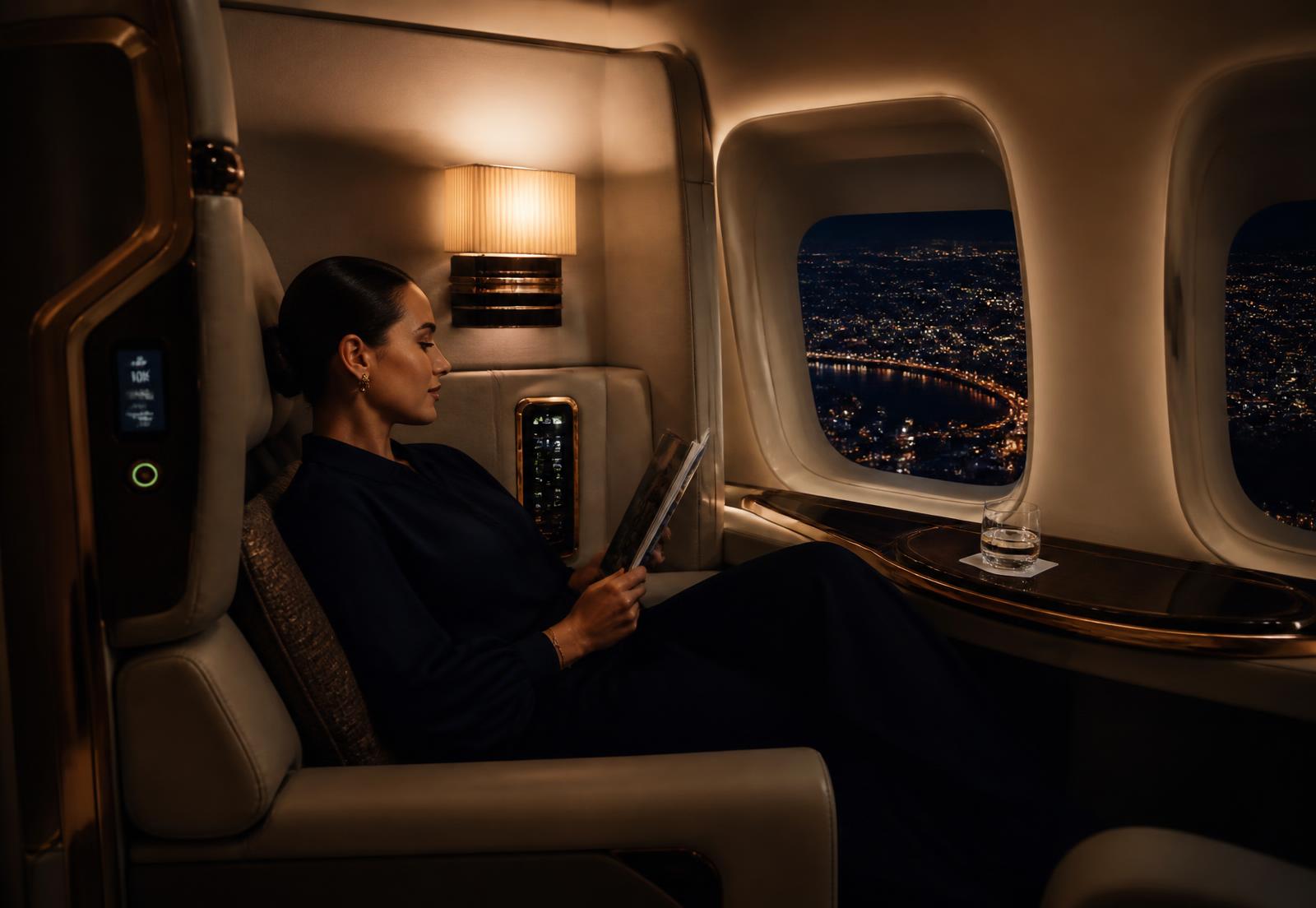 Passenger relaxing in a First Class airline suite at night